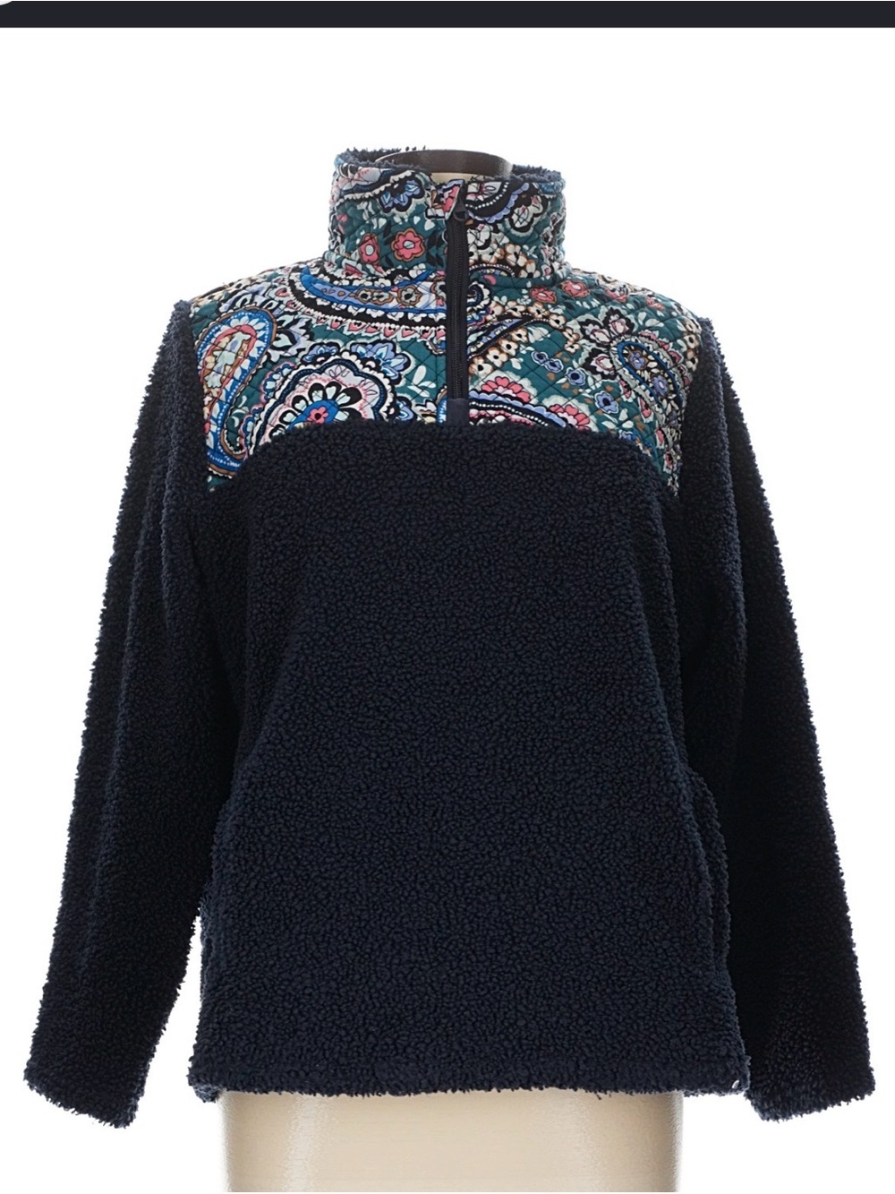 Vera Bradley Navy Sherpa Pullover with Teal & Multicolor Paisley Yoke